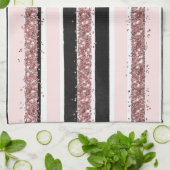 ガーリーバラ金ゴールドピンクブラックグリッターストライプパターン キッチンタオル (折り畳み)