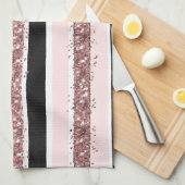 ガーリーバラ金ゴールドピンクブラックグリッターストライプパターン キッチンタオル (四つ折り)