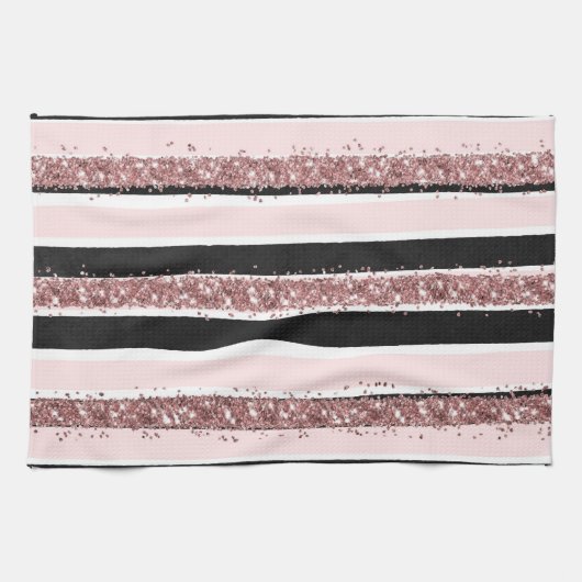 ガーリーバラ金ゴールドピンクブラックグリッターストライプパターン キッチンタオル (横)