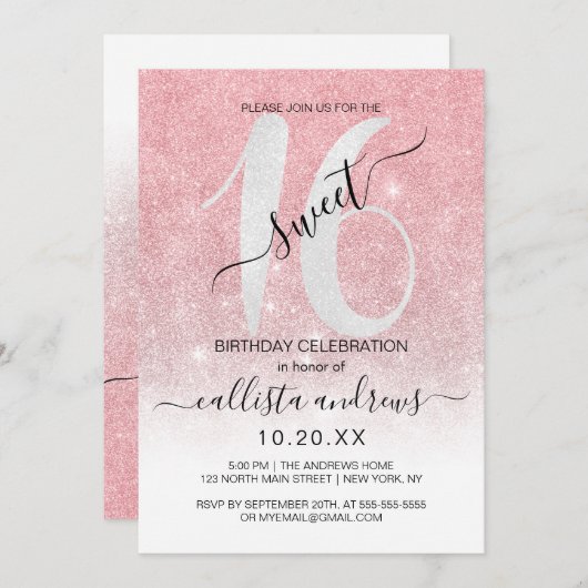 ガーリーバラ金ゴールドホワイトグリッターグラデーションスウィート16 招待状 (正面/裏面)