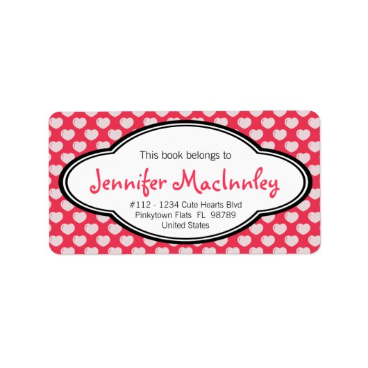 ガーリーパーソナライズされた蔵書票ホットピンクハート ラベル (正面)