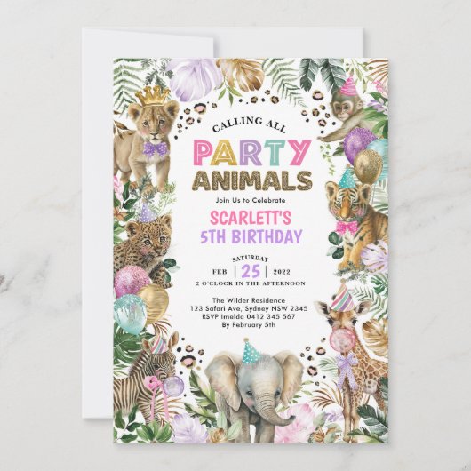 ガーリーパーティーアニマルワイルドジャングルサファリ誕生日 招待状 (正面)