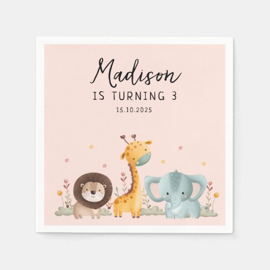 ガーリーパーティー野生動物誕生日 スタンダードカクテルナプキン (正面)