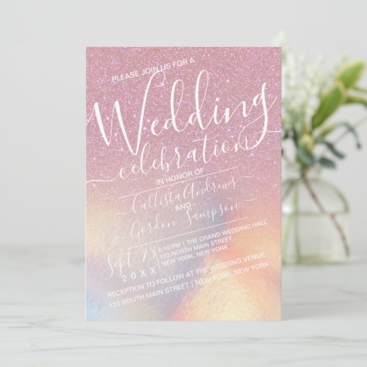 ガーリーピフェイクク虹色グリッターグラデーション結婚ズ 招待状 (スタンド正面)