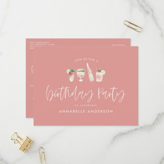 ガーリーピモダンクスタイリッシュカクテル誕生日パーティー インビテーションポストカード (正面/裏面インサイチュ)