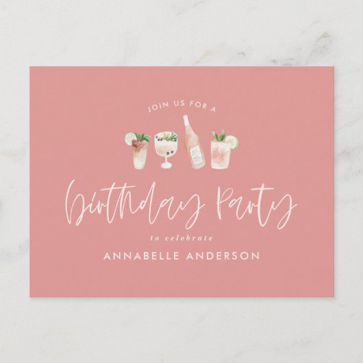 ガーリーピモダンクスタイリッシュカクテル誕生日パーティー インビテーションポストカード (正面)
