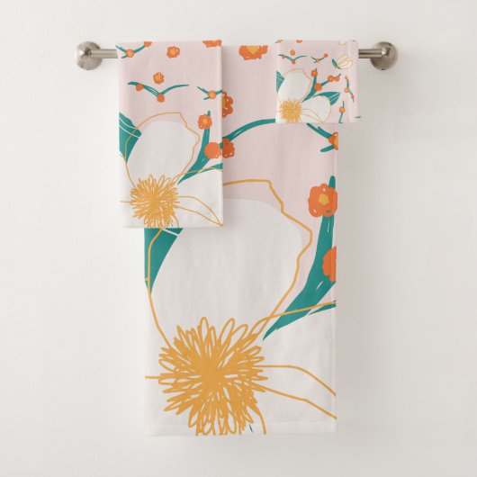 ガーリーピンクかわいい継ぎ目のない植物模様 バスタオルセット (インサイチュ)