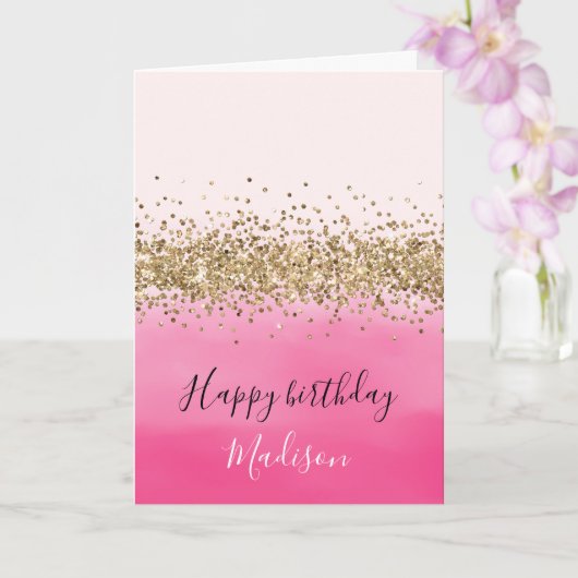 ガーリーピンクウォーター色グラデーション金ゴールドグリッターグリッツ カード (蘭)