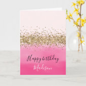 ガーリーピンクウォーター色グラデーション金ゴールドグリッターグリッツ カード (黄色い花)