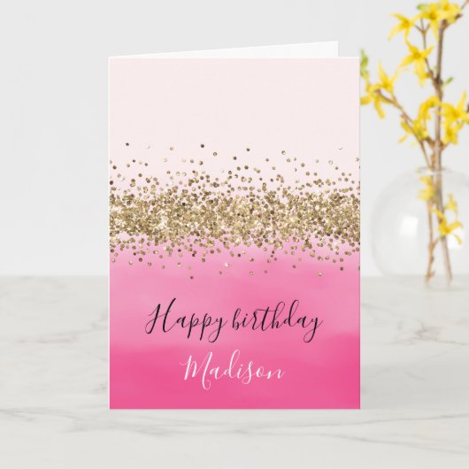 ガーリーピンクウォーター色グラデーション金ゴールドグリッターグリッツ カード (黄色い花)