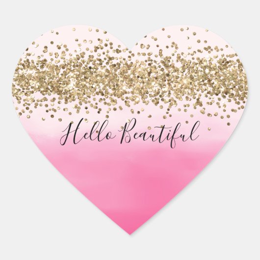 ガーリーピンクウォーター色グラデーション金ゴールドグリッターグリッツ ハートシール (正面)