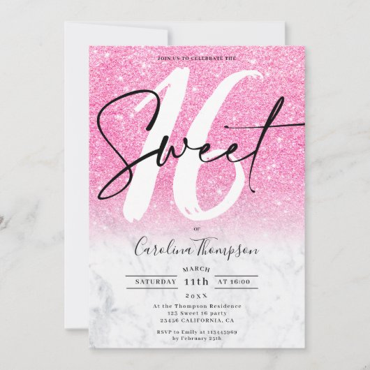 ガーリーピンクグリッター縁ど大理石の写真Sweet 16 招待状 (正面)