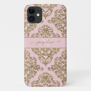 ガーリーピンクゴールド輝くダマスコモノグラメッド名 iPhone 11 ケース