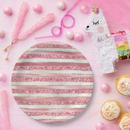 ガーリーピンクパールグリッターストライプズ ペーパープレート (パーティー)