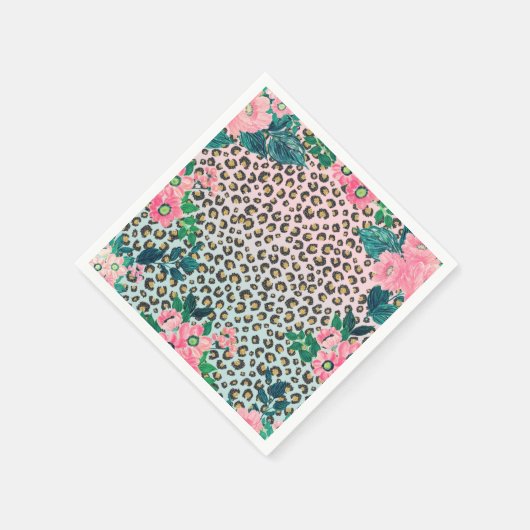 ガーリーピンクミントグラデーションフローラグリッターヒョウ印刷 スタンダードカクテルナプキン (角)