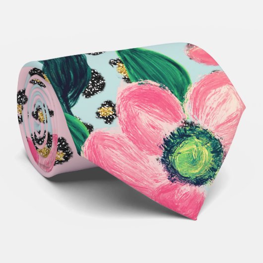 ガーリーピンクミントグラデーションフローラグリッターヒョウ印刷 ネクタイ (ロール)