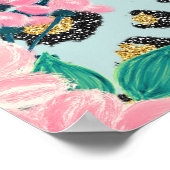 ガーリーピンクミントグラデーションフローラグリッターヒョウ印刷 ポスター (角)