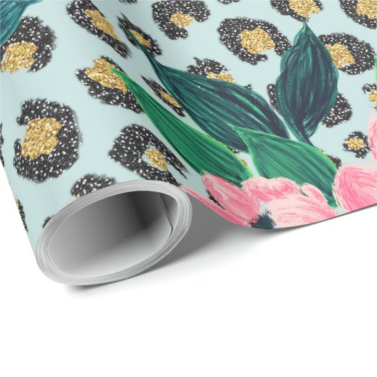 ガーリーピンクミントグラデーションフローラグリッターヒョウ印刷 ラッピングペーパー (ロールコーナー)
