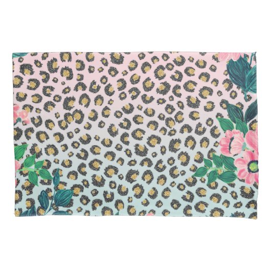 ガーリーピンクミントグラデーションフローラグリッターヒョウ印刷 枕カバー (正面左)