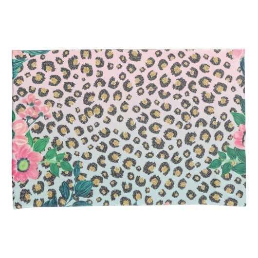 ガーリーピンクミントグラデーションフローラグリッターヒョウ印刷 枕カバー (正面右)