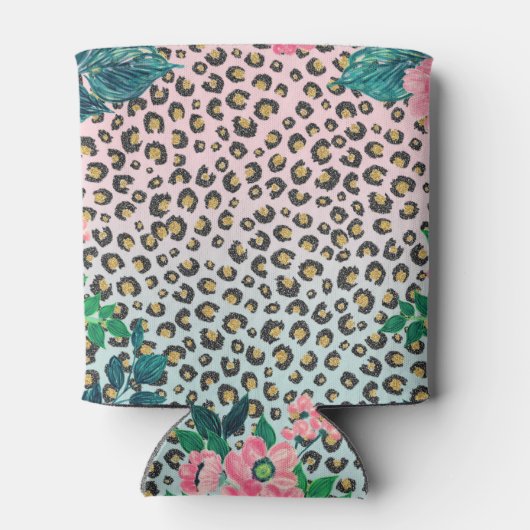 ガーリーピンクミントグラデーションフローラグリッターヒョウ印刷 缶クーラー (裏面)