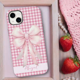 ガーリーピンクリボンギンガムチェック オーダーメイド Case-Mate iPhone 14 PLUSケース