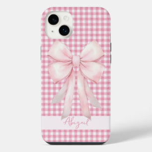 ガーリーピンクリボンギンガムチェック オーダーメイド iPhone 14 PLUSケース