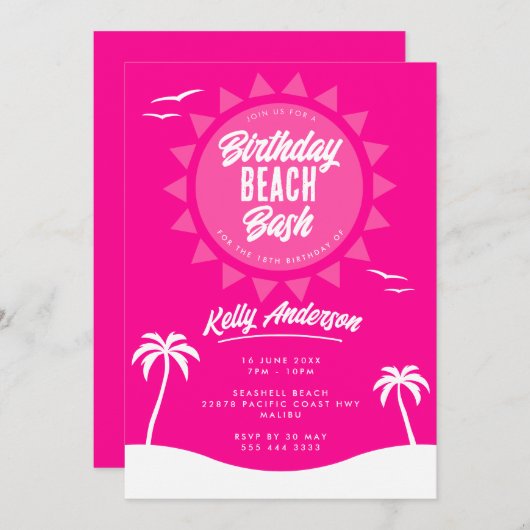 ガーリーピンク夏18誕生日ビーチパーティー 招待状 (正面/裏面)