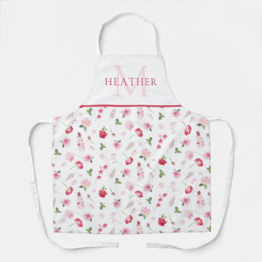 ガーリーピンク水彩花模様モノグラム エプロン (正面)