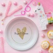 ガーリーピンク白グラデーション金ゴールドグリッターハート ペーパープレート (パーティー)