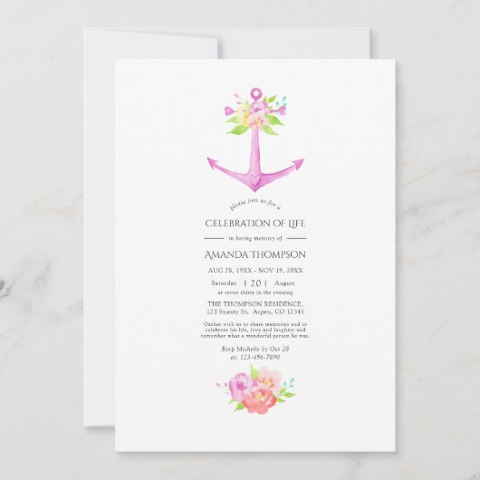 ガーリーピンク航海のフローラお祝い 招待状 (正面)