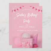 ガーリーピンク色の白かわいいギルター誕生日の招待状 シーズンカード (正面/裏面)