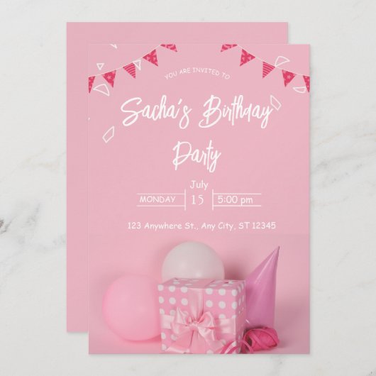 ガーリーピンク色の白かわいいギルター誕生日の招待状 シーズンカード (正面/裏面)