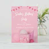 ガーリーピンク色の白かわいいギルター誕生日の招待状 シーズンカード (スタンド正面)