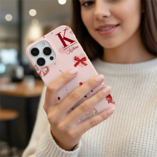 ガーリーピンク コケット ハートとリボン パーソナライズド iPhone 16 PRO MAXケース
