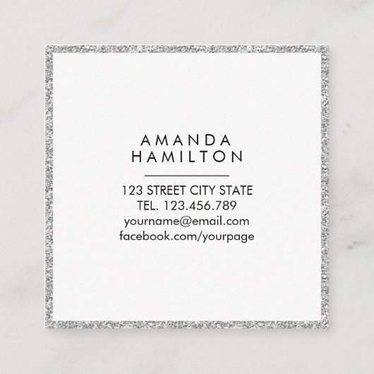 ガーリーファッションシルバスタイリッシューグリッター白四角 スクエア名刺 (裏面)