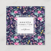ガーリーファッション·ブルー·フラワーズ·アンド·バタフライ スクエア名刺 (正面)