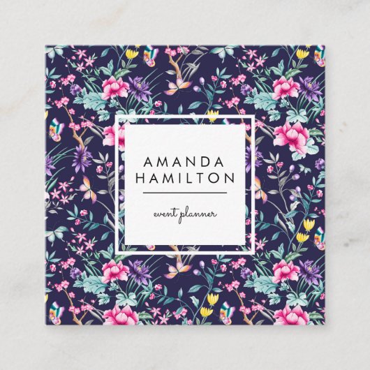 ガーリーファッション·ブルー·フラワーズ·アンド·バタフライ スクエア名刺 (正面)
