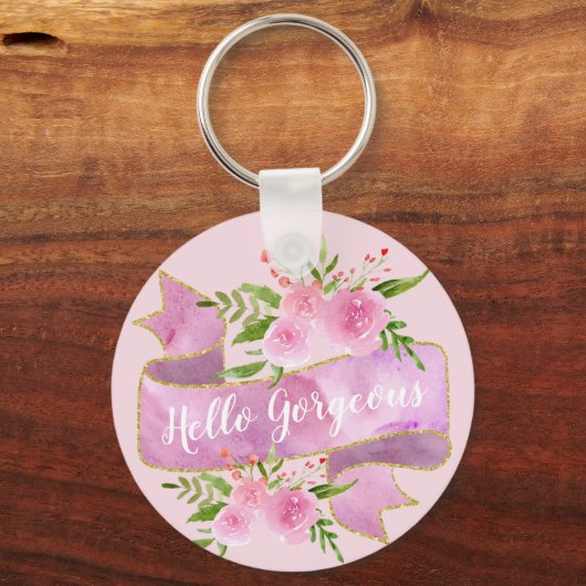 ガーリーフローラかわいらし赤面ピンクハローゴス金ゴールド キーホルダー (正面)