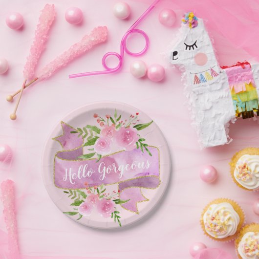 ガーリーフローラかわいらし赤面ピンクハローゴス金ゴールド ペーパープレート (パーティー)