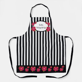 ガーリーフローラアクセント付き白黒ストライプ エプロン