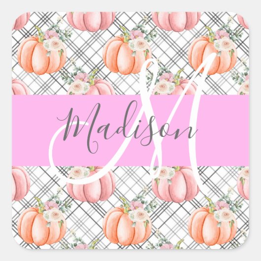 ガーリーフローラグレーピンクピーチパンプキンモノグラム名 スクエアシール (正面)