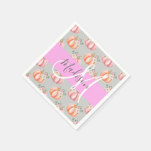 ガーリーフローラグレーピンクピーチパンプキンモノグラム名 スタンダードカクテルナプキン (角)