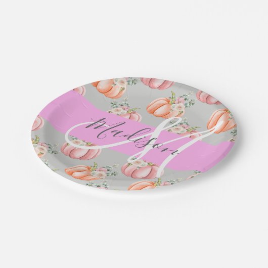 ガーリーフローラグレーピンクピーチパンプキンモノグラム名 ペーパープレート (アングル)