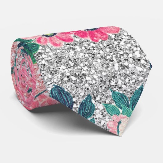 ガーリーフローラ&ピンクシルバーグラデーショングリッターデザイン ネクタイ (ロール)