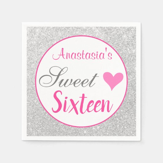 ガーリープリンセスピンク&シルバーグリッターSweet sixteen スタンダードカクテルナプキン (正面)