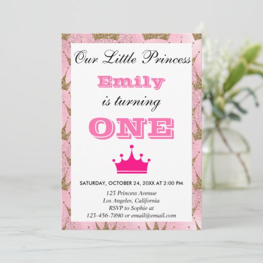 ガーリープリンセスピンク&金ゴールドグリッターファースト誕生日 招待状 (スタンド正面)