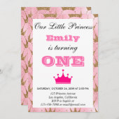 ガーリープリンセスピンク&金ゴールドグリッターファースト誕生日 招待状 (正面/裏面)
