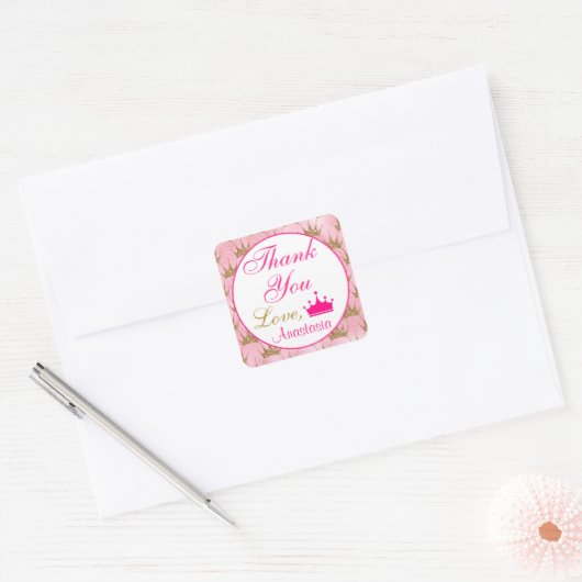 ガーリープリンセスホットピンクと金ゴールドグリッターありがとう スクエアシール (封筒)