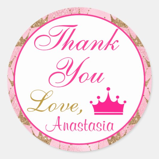 ガーリープリンセスホットピンクと金ゴールドグリッターありがとう ラウンドシール (正面)